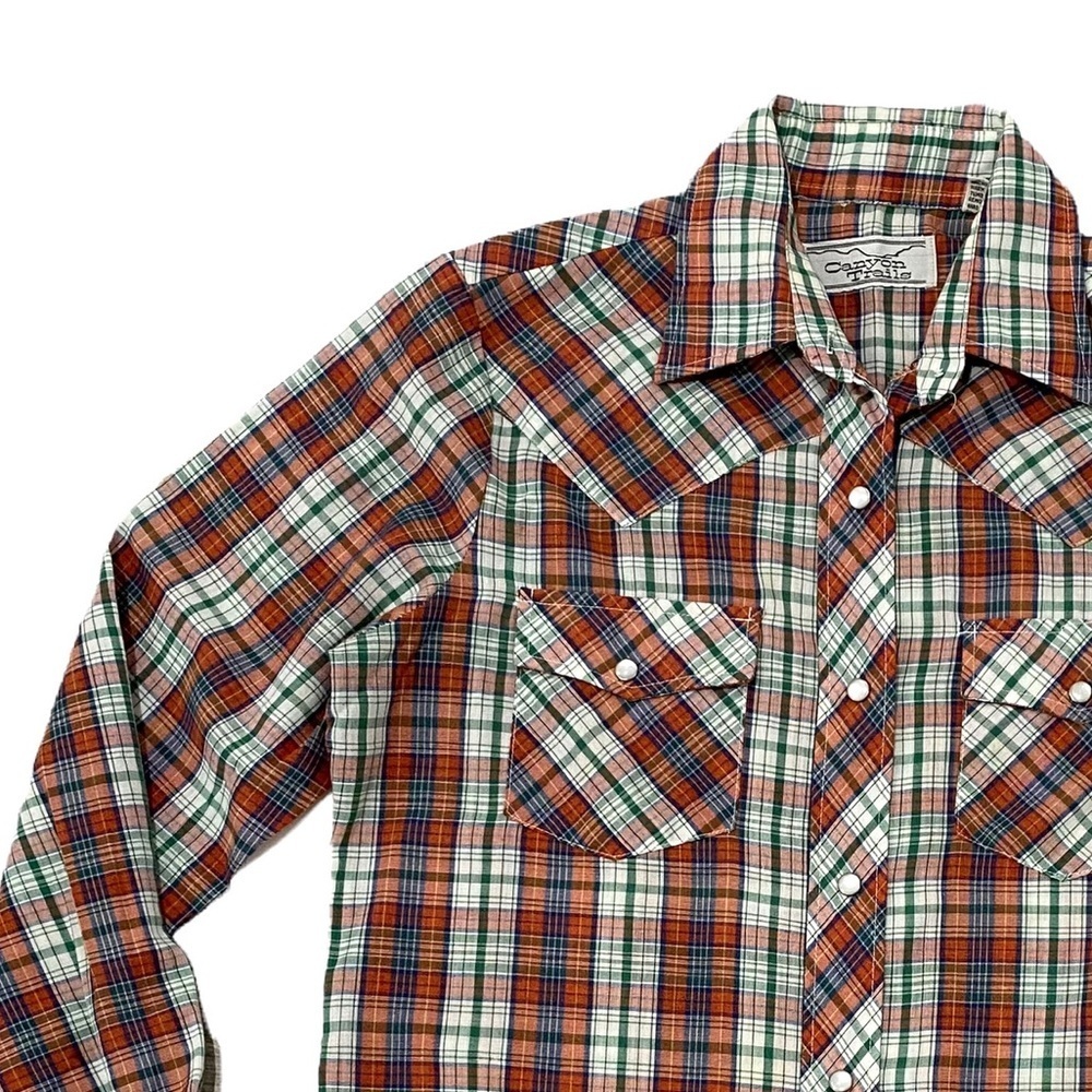 Vintage Canyon Trails Plaid Pearl Snap Western Shirt Rockabilly Green/Blue 32